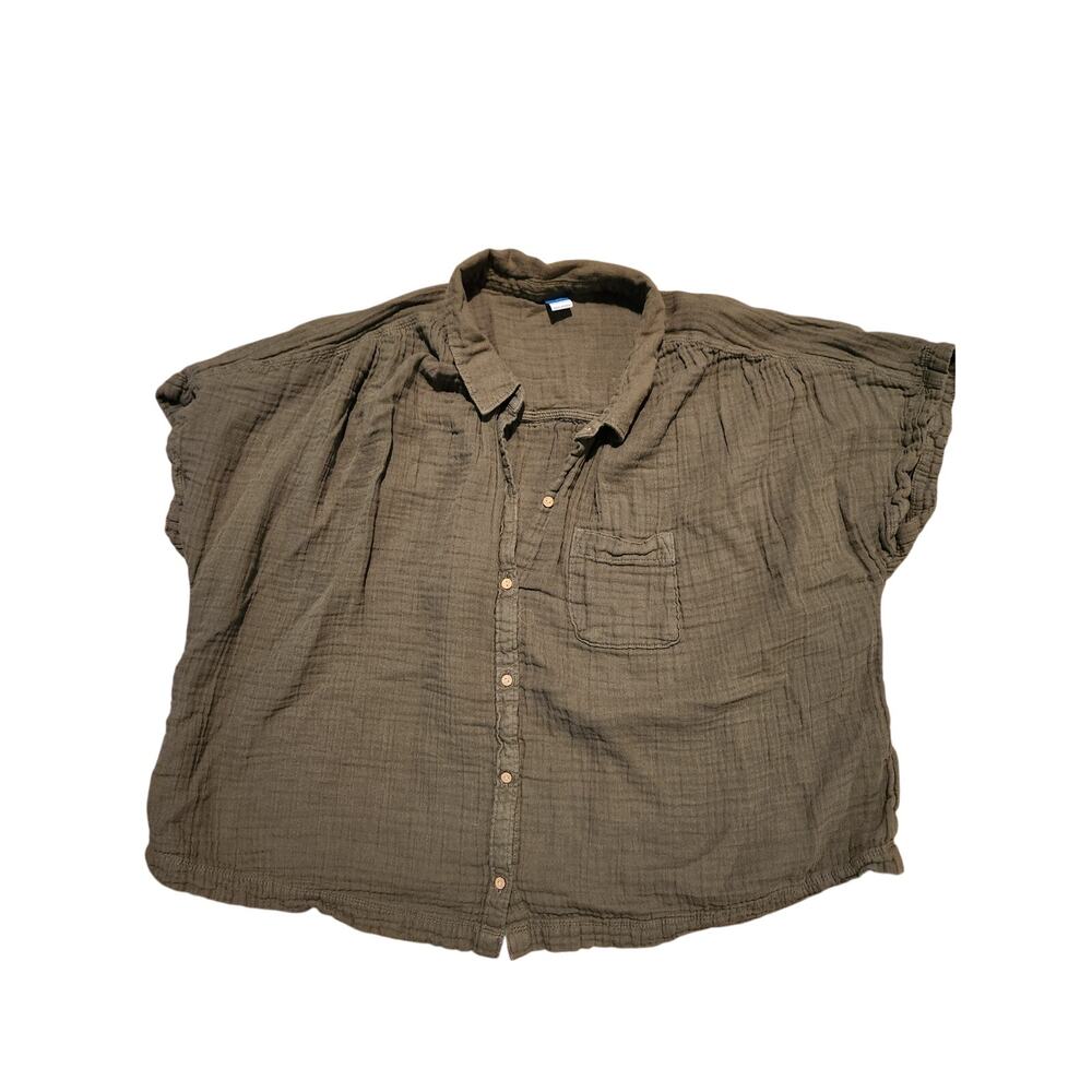 Old Navy Olive Green Gauze Button Front Top Large Short Sleeve